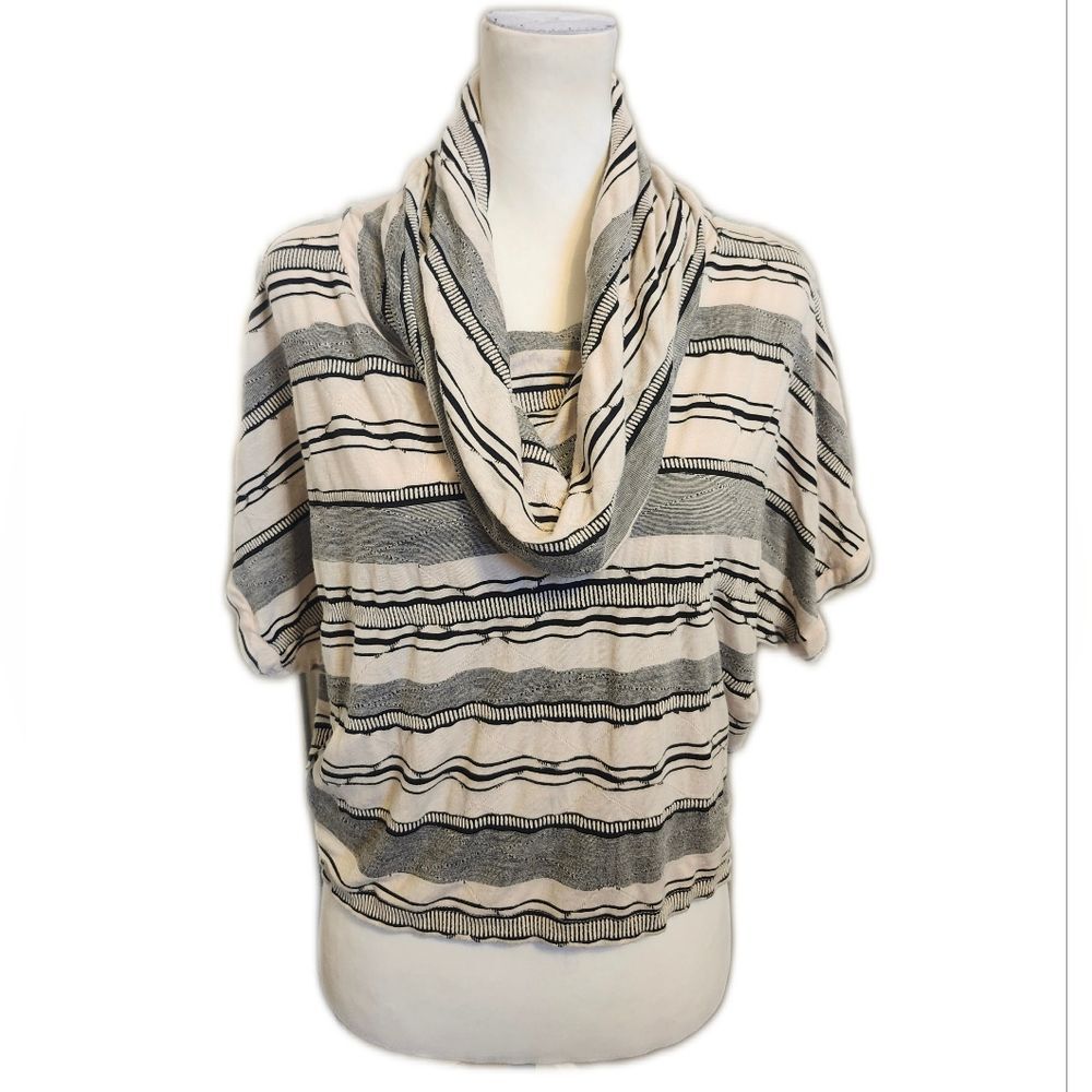 Gianni Bini Cropped Cream & Black Geometric Stripe Cowl Neck Top, M